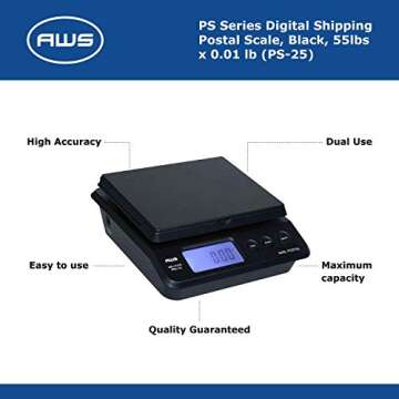 American Weigh Scales Digital Shipping Postal Scale, Package Postage ScaleBacklit LCD Screen55lbs. x 0.01lbs. (Black), PS-25