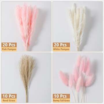 60 Pcs Dried Pampas Grass, Pink Pampas Grass, White Pampas Grass and Bunny Tails Dried Flowers,Pampas Grass Plants for Boho Decor