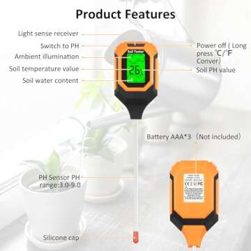 4-in-1 Soil Moisture Meter Digital PH Meter/Soil Moisture/Plant Temperature/Sunlight Intensity, Backlight LCD Display, Soil Test Meter for Garden, Lawn, Plant Care, Farm and Indoor Outdoor Plants