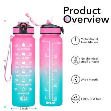 Hyeta 32 oz Water Bottles with Times to Drink and Straw, Motivational Water Bottle with Time Marker, Leakproof, Drinking Sports Water Bottle for Fitness, Gym and Outdoor