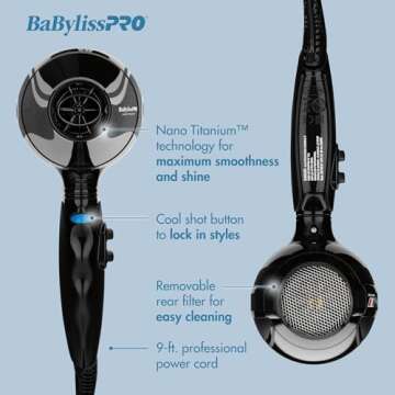 BaBylissPRO Hair Dryer, Nano Titanium Portofino 2000-Watt Blow Dryer, Hair Styling & Appliances, Black, BPOR1