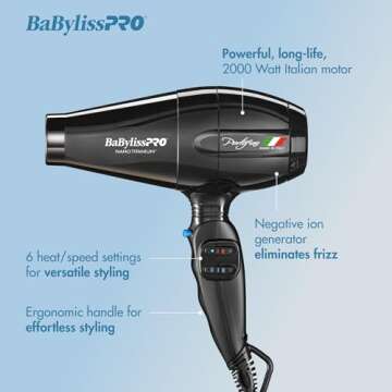 BaBylissPRO Hair Dryer, Nano Titanium Portofino 2000-Watt Blow Dryer, Hair Styling & Appliances, Black, BPOR1