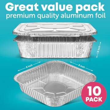 8x8 Disposable Aluminum Pans With Lids - 10 Pack Foil Pans For Cooking, Baking Cakes, Roasting & Homemade Breads - Disposable Food Containers With Foil Lids