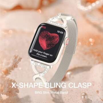 BRG Thin Mesh Loop Compatible with Apple Watch Bands for Women 40mm 41mm 38mm 42mm Series 10 9 8 7 6 5 4 3 2 1 SE, Metal Magnetic Stainless Steel Strap with X-Shape Diamond Clasp for iWatch Bands