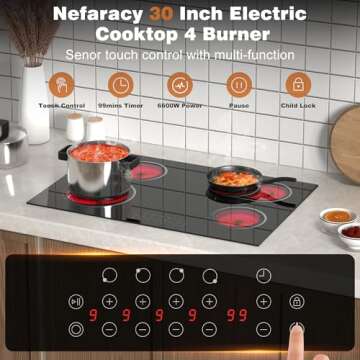 30 Inch Electric Cooktop 4 Burner, Nefaracy Electric Stove Top With Dual Oval Zone, 6600W Built-in Radiant Electric Stove, Hot Surface Indicator, Touch Control, 9 Power Level, 240V(No Plug)