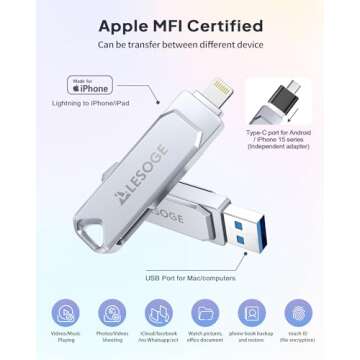 MFi Certified 127GB Flash Drive for iPhone Photo Stick USB Memory Stick Thumb Drives, High Speed USB Stick External Storage for iPhone/iPad/Android/PC