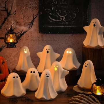 Domensi 9 Pcs Halloween Ceramic Ghost Figurines with LED Lights, Large 5.12" White Spooky Ghost Sculpture Statue Cute Halloween Miniatures for Gifts Centerpiece Table Mantel Collections Decorations