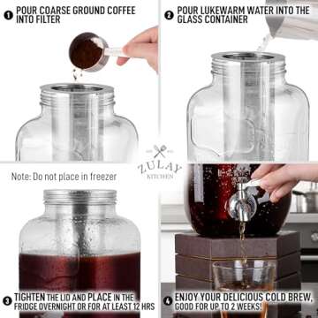 Zulay Kitchen 1 Gallon Cold Brew Coffee Maker - Large Iced Tea & Cold Brew Pitcher with Extra-Thick Glass & Stainless Steel Infuser - Cold Brew Coffee Maker with Airtight Lid & Spout (Silver)