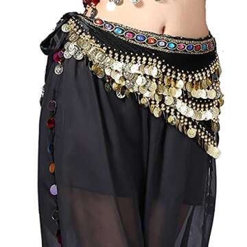 Gypsy Skirt Belly Dance Hip Scarf Pirate Costume Accessories Black Belly Dancing Dancer Skirt with Gold Coins for Women