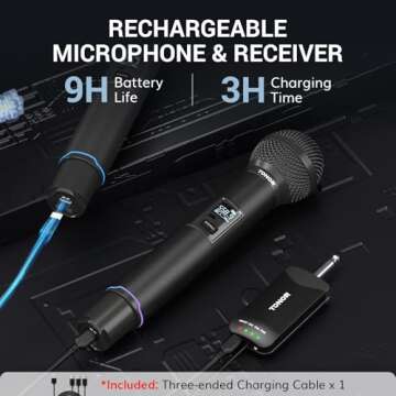 TONOR Rechargeable Wireless Microphones, Metal Bluetooth Handheld Cordless Mic System with Receiver, 2x25 UHF Professional Dynamic Mic for Karaoke, Church, Singing, Wedding, Meeting, DJ, 328ft TW720