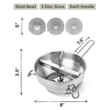 Ergonomic Food Mill Stainless Steel With 3 Grinding Discs, Milling Handle & Bowl - Rotary Food Mill for Tomato Sauce, Applesauce, Puree, Mashed Potatoes, Jams, Baby Food