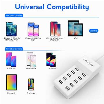 USB Charger USB Wall Charger with Rapid Charging Auto Detect Technology Safety Guaranteed 10-Port Family-Sized Smart USB Ports for Multiple Devices Smart Phone Tablet Laptop Computer