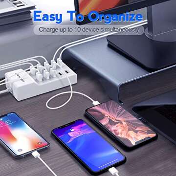 USB Charger USB Wall Charger with Rapid Charging Auto Detect Technology Safety Guaranteed 10-Port Family-Sized Smart USB Ports for Multiple Devices Smart Phone Tablet Laptop Computer