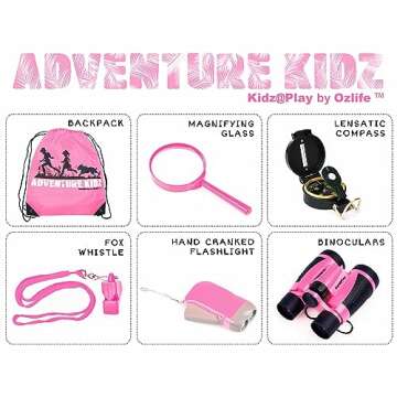 Adventure Kidz - Outdoor Exploration Kit, Children’s Toy Binoculars with Case, Flashlight, Compass, Whistle, Magnifying Glass, Backpack. Great Gift Set for Camping, Hiking, STEM, Pretend Play.