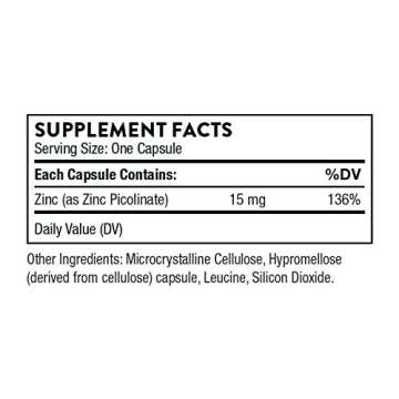 Thorne Zinc Picolinate 15mg - Highly Absorbable Zinc Supplement - Supports Wellness, Immune System, Eye, Skin, and Reproductive Health - Gluten-Free, Soy-Free, Dairy-Free - 60 Capsules