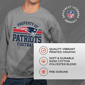 Team Fan Apparel NFL Adult Property Of Crewneck Fleece Sweatshirt - Men & Women - Stay Warm & Represent Your Team in Style (New England Patriots - Sport Gray, Adult Small)