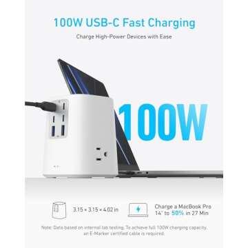 Anker Charging Station(100W), 9-in-1 USB C Power Strip with 300J Surge Protection, For iPhone 15 and MacBook, 5 ft Flat Cable and Plug, 4 USB-C and 2 USB-A Ports, 3 AC Outlets, For Home, Office[White]