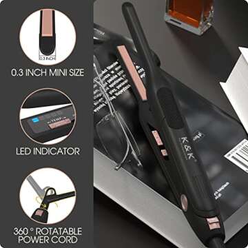 K&K Mini Flat Iron for Short Hair 3/10 inch Small Hair Straightener for Pixie & Beard creamic Flat Iron for Women Dual Voltage, Auto Shut Off (Black, Five Lights)