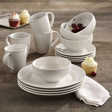 Elle Décor Round Dinnerware Set – 16-Piece Porcelain Dinner Set w/ 4 Dinner Plate, 4 Salad Plates, 4 Bowls & 4 Mugs – Unique Gift Idea Any Special Occasion or Birthday