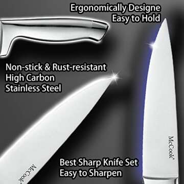 McCook® Knife Sets with Built-in Sharpener,German Stainless Steel Hollow Handle Kitchen Knives Set in Acacia Block