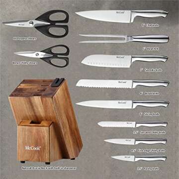 McCook® Knife Sets with Built-in Sharpener,German Stainless Steel Hollow Handle Kitchen Knives Set in Acacia Block