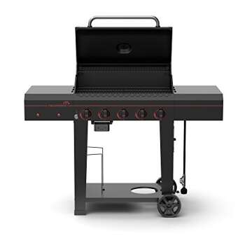 Megamaster 720-0982 5 Burner Propane Barbecue Gas Grill, Side Shelves with Hooks, for Outdoor Cooking, Patio, Garden Barbecue Grill, 50000 BTUs, Open Chart, Black