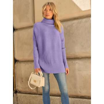 LILLUSORY Womens Turtleneck Oversized Tunic Fall Sweaters 2024 Trendy Casual Long Pullover Knit Winter Casual Cute Poncho Fashion Trendy Clothes Outfits Clothing Tops Light Purple