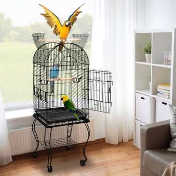 SUPER DEAL 63.5'' Rolling Bird Cage Large Wrought Iron Cage for Cockatiel Sun Conure Parakeet Finch Budgie Lovebird Canary Medium Pet House with Rolling Stand & Storage Shelf