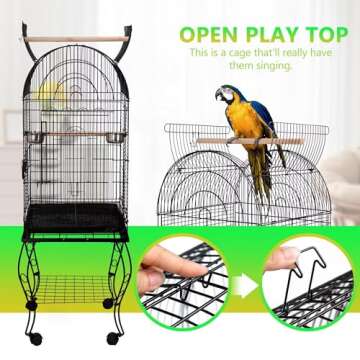 SUPER DEAL 63.5'' Rolling Bird Cage Large Wrought Iron Cage for Cockatiel Sun Conure Parakeet Finch Budgie Lovebird Canary Medium Pet House with Rolling Stand & Storage Shelf