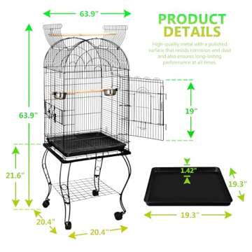 SUPER DEAL 63.5'' Rolling Bird Cage Large Wrought Iron Cage for Cockatiel Sun Conure Parakeet Finch Budgie Lovebird Canary Medium Pet House with Rolling Stand & Storage Shelf