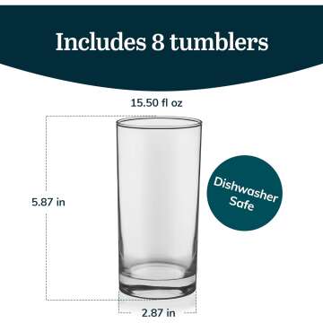 Libbey Tumbler Drinking Glass Sets, Durable Heavy Base Drinking Glasses, Lead-Free Tall Water Glasses Set, Sophisticated Beer Glasses Set of 8