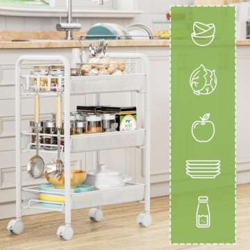 JANE EYRE 3-Tier Rolling Utility Storage Rack Cart on Wheels, Trolley Craft cart, Multi-Purpose Organizer Shelf, White