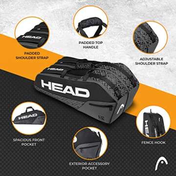 HEAD Core 6R Combi Tennis Racquet Bag - 6 Racket Tennis Equipment Duffle Bag,Black/Grey