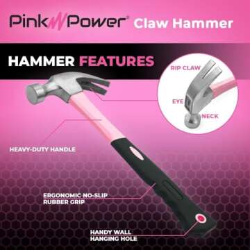 Pink Power 16oz Pink Hammer – Small Hammer for Women – Mini Claw Hammer for Pink Tools – DIY and Craft Hammer for Women All Purpose Hammer with Slip Resistant Handle for Girls Ladies