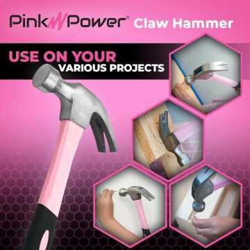 Pink Power 16oz Pink Hammer – Small Hammer for Women – Mini Claw Hammer for Pink Tools – DIY and Craft Hammer for Women All Purpose Hammer with Slip Resistant Handle for Girls Ladies