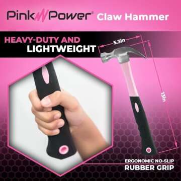 Pink Power 16oz Pink Hammer – Small Hammer for Women – Mini Claw Hammer for Pink Tools – DIY and Craft Hammer for Women All Purpose Hammer with Slip Resistant Handle for Girls Ladies