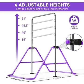 FBSPORT Gymnastics Bar for Kids with Rings，Adjustable Height Gymnastic Horizontal Bars,Junior Training Bar Children Folding Training Monkey Bars for Home Using (Purple)