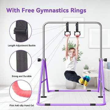 FBSPORT Gymnastics Bar for Kids with Rings，Adjustable Height Gymnastic Horizontal Bars,Junior Training Bar Children Folding Training Monkey Bars for Home Using (Purple)