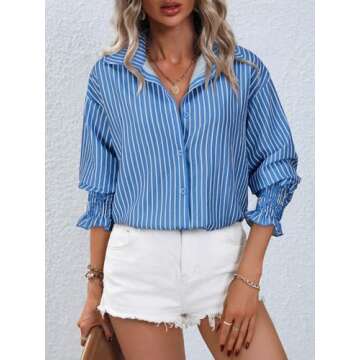 Gleeivy Women's Puff Long Sleeve Button Down Striped Shirt Casual Oversized Boyfriend Tunic V Neck Collar High Low Hem Dressy Business Fashion Clothes for Fall Y2K Outfits Blue Striped X-Small