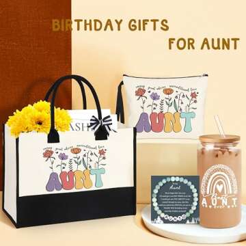 DOGMEM Aunt Gifts, Birthday Gifts for Aunt from Niece Nephew, Best Auntie Gift Ideas, Tote Bag Makeup Bag 16 Oz Can Glass Mama Bracelet Gifts Set for Aunt Unique Christmas Gifts for Her