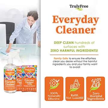 Truly Free Everyday Cleaner - Multipurpose Cleaner Spray, Kitchen Counter Cleaner, Natural Cleaning Products, Multi-Surface Household Solution, 1 Empty Bottle Spray (16oz) & 2 Refills (3oz Each)