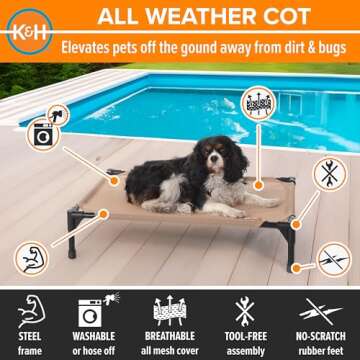 K&H Pet Products Elevated Outdoor Dog Cot Bed, Raised Cooling Bed with Washable Breathable Mesh for Medium Dogs, Portable Raised Platform Pet Bed, Heavy Duty Metal Frame Hammock Bed, Medium, Tan