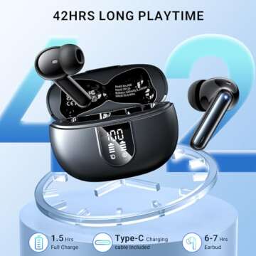 AOVOCE Wireless Earbuds Headphones Bluetooth 5.3 with 4 ENC Noise Cancelling Mics,Hi-Fi Stereo in Ear Ear Buds with LED Screen,42h Duration Playback,IPX6 Waterproof Earphones for iOS Android Black