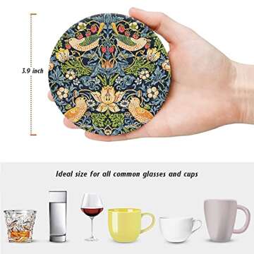 HUXJOKO Coasters for Drinks Set of 6,William Morris Floral Pattern Absorbent Ceramic Coaster,Round Stone Mat,with Cork Base and Metal Holder for Coffee Table Room Bar Home Decor Housewarming Gifts