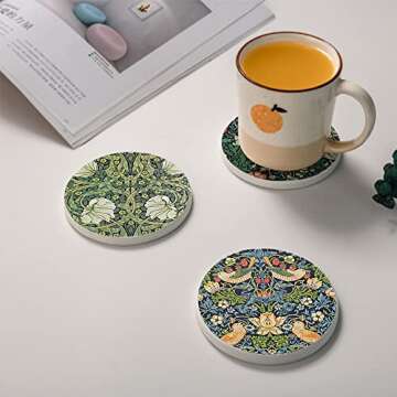 HUXJOKO Coasters for Drinks Set of 6,William Morris Floral Pattern Absorbent Ceramic Coaster,Round Stone Mat,with Cork Base and Metal Holder for Coffee Table Room Bar Home Decor Housewarming Gifts