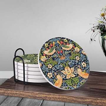 HUXJOKO Coasters for Drinks Set of 6,William Morris Floral Pattern Absorbent Ceramic Coaster,Round Stone Mat,with Cork Base and Metal Holder for Coffee Table Room Bar Home Decor Housewarming Gifts