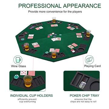 FURUISEN 48" Foldable Poker Table Top, 8-Player Texas Traveller Wood Table Top Poker Layout, Portable Anti-Slip Blackjack Poker Table Mat with Cup Holders for Family Games Casino