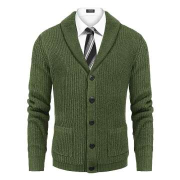 COOFANDY Men's Shawl Collar Cardigan Sweater Slim Fit Cable Knit Button Up Sweater with Pockets Army Green