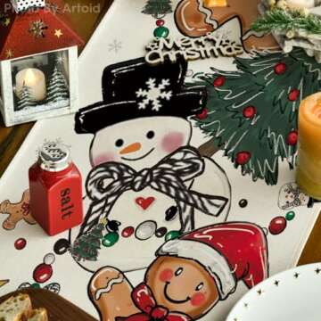 Artoid Mode Snowman Gingerbread Xmas Pine Merry Christmas Table Runner, Seasonal Winter Kitchen Dining Table Decoration for Home Party Decor 13x72 Inch