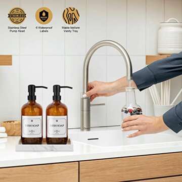 Glass Soap Dispenser with Pump, Oakland Dish Soap Dispenser Set for Bathroom and Kitchen Vintage Amber Bottle Dispenser with Waterproof Labels for Shampoo Lotion, Set of 2